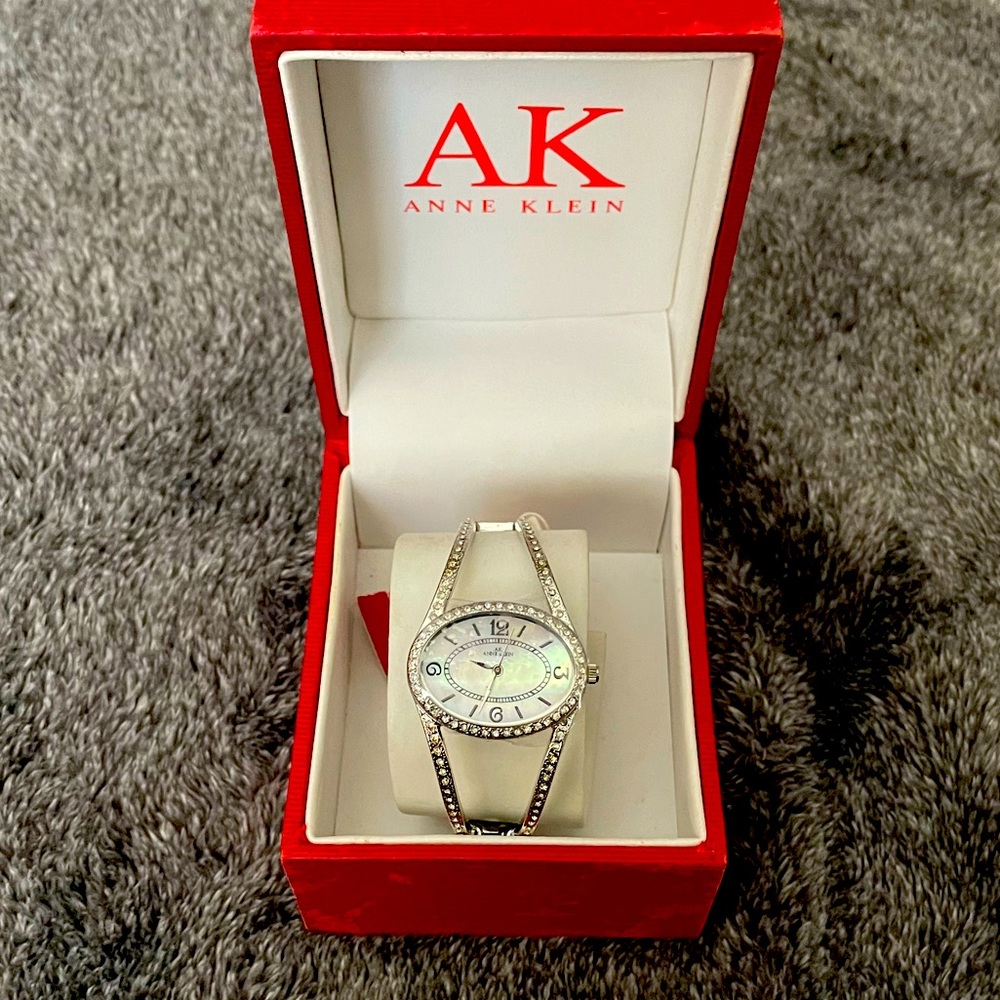 Anne Klein watch cuff mother of pearl Swarovski crystals stainless steel